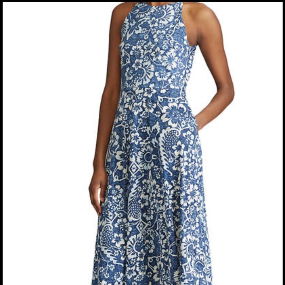 Chaps Women's Cotton Blue & White Halter Sundress